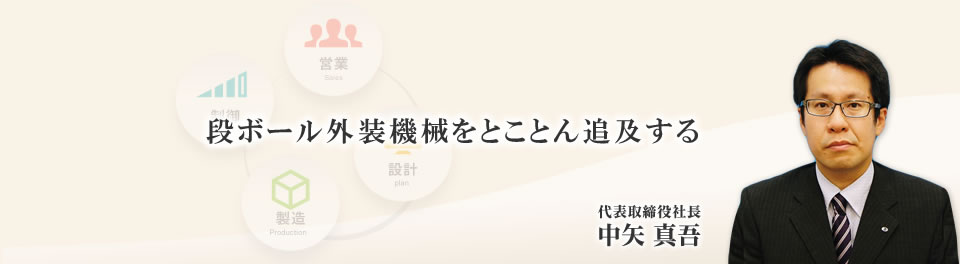 代表あいさつ 「段ボール外装機械をとことん追求する） 代表取締役  中矢真吾